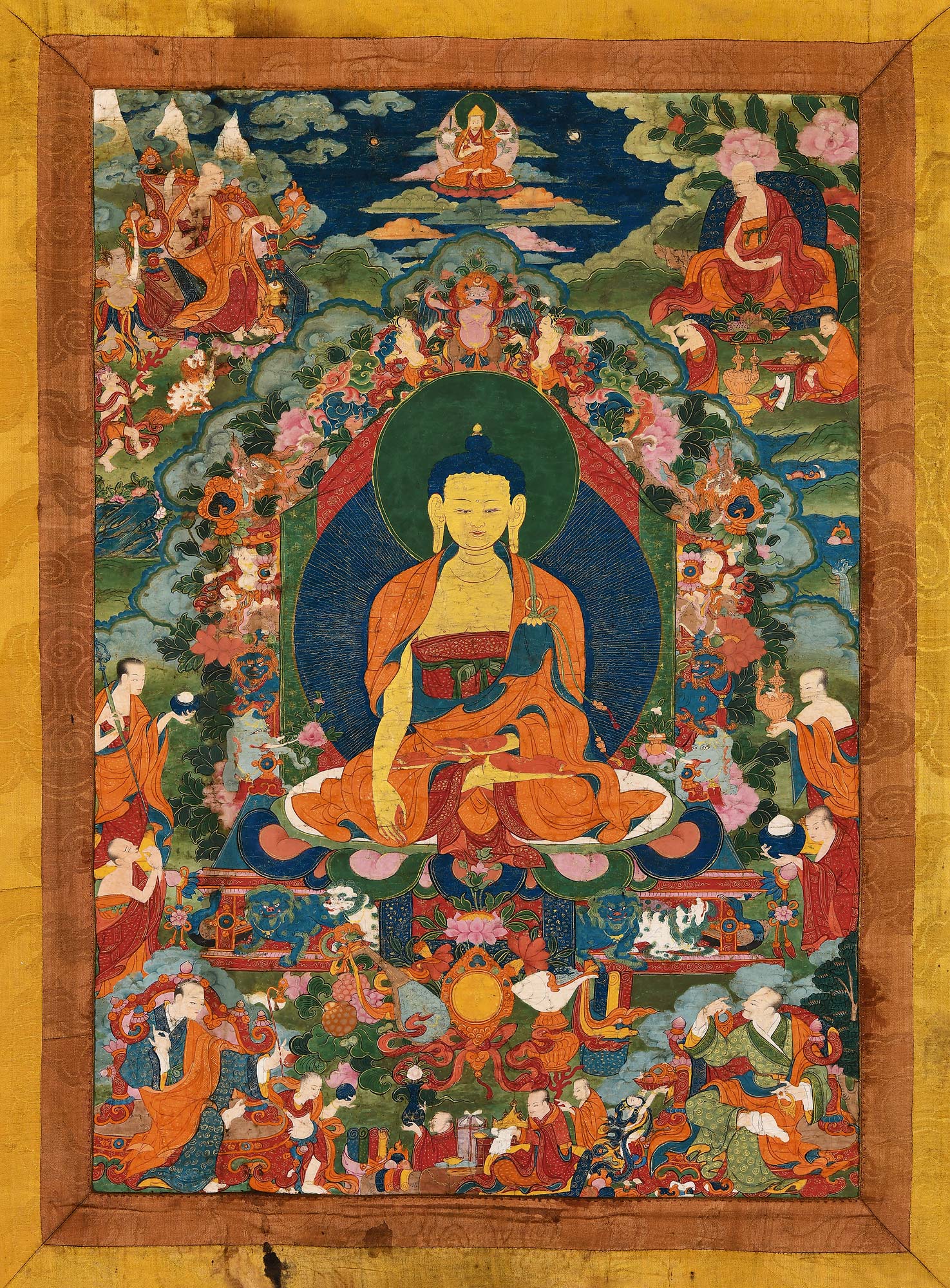 唐卡布本彩绘释迦牟尼佛与十八罗汉-艺术品-爱涛拍卖